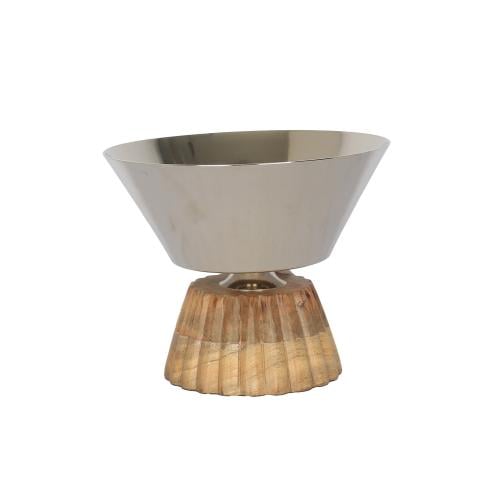 صحن معدن فضي بقاعدة خشبي