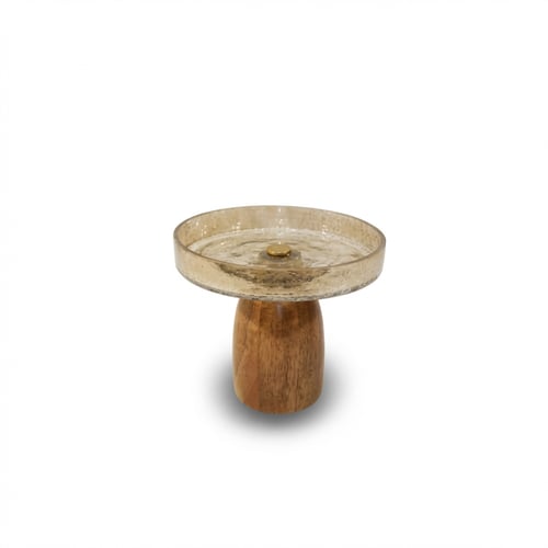 صحن زجاج مثلج بقاعدة خشب مع معدن