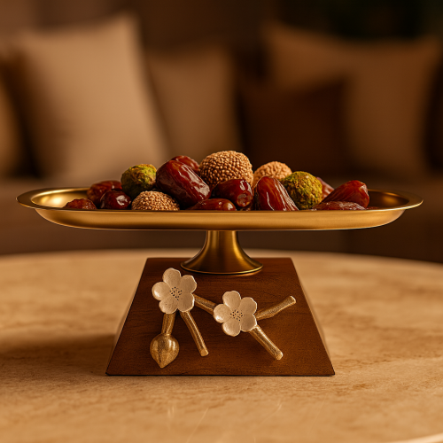 صحن تقديم معدن هندي ذهبي وسط بقاعدة خشبي