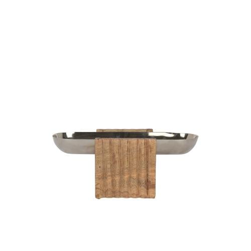 صحن معدن فضي مستطيل بقاعدة خشبية