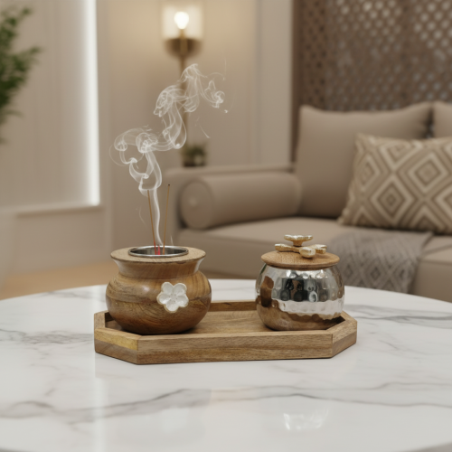 طقم مبخرة هندي فضي مع طوفرية