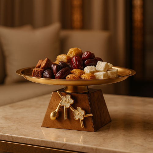 صحن تقديم معدن هندي ذهبي صغير بقاعدة خشبي