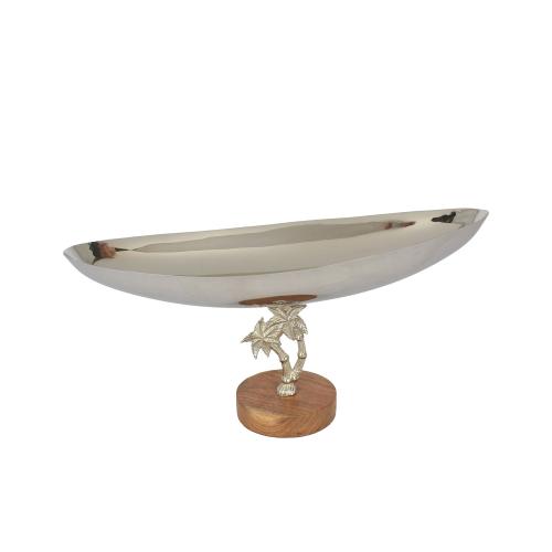 صحن تقديم فضي شكل قارب بقاعدة خشبي