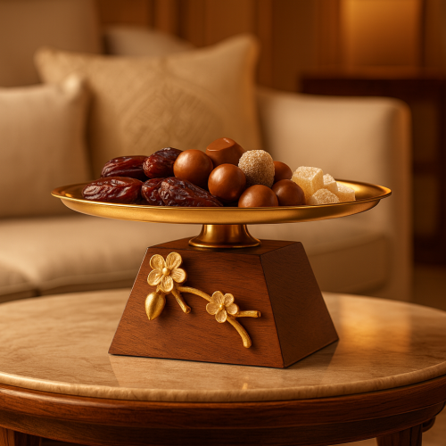 صحن تقديم معدن هندي ذهبي صغير بقاعدة خشبي