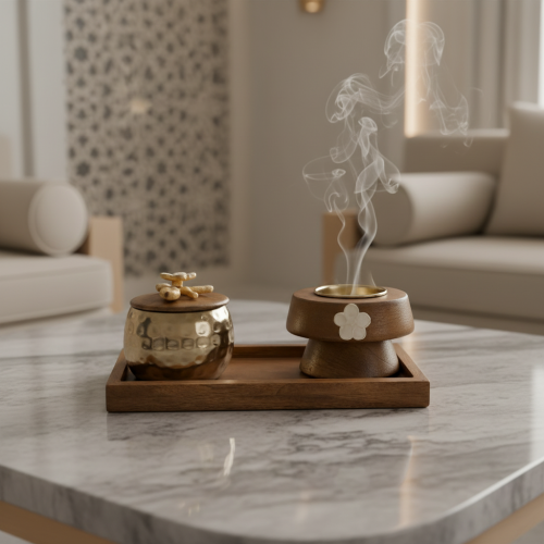 طقم مبخرة هندي ذهبي مع طوفرية