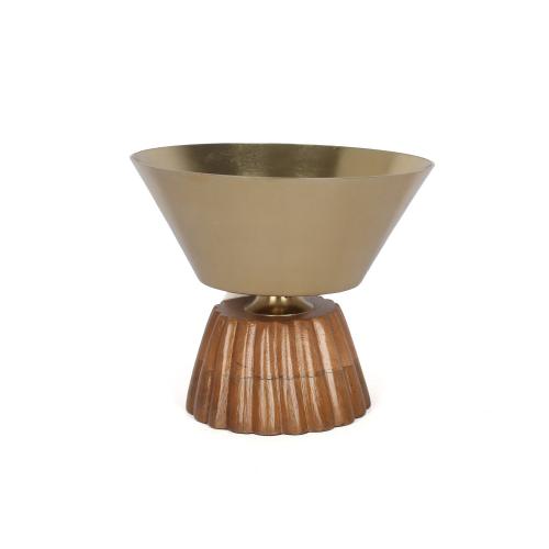 صحن تقديم معدن ذهبي بقاعدة خشبي