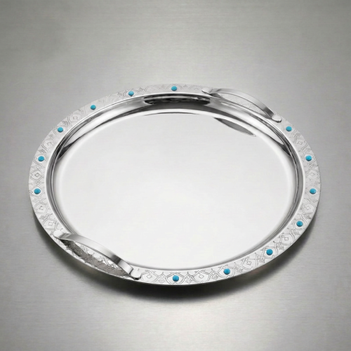 صحن تقديم استيل كبير بيد خرز ازرق