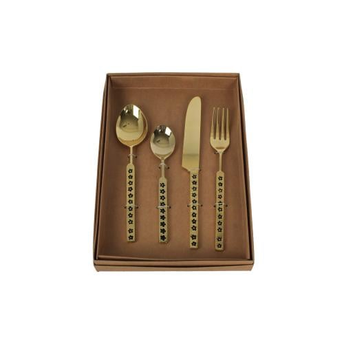 طقم ملعقة مع سكين مع شوكة معدن ذهبى لامع وردة