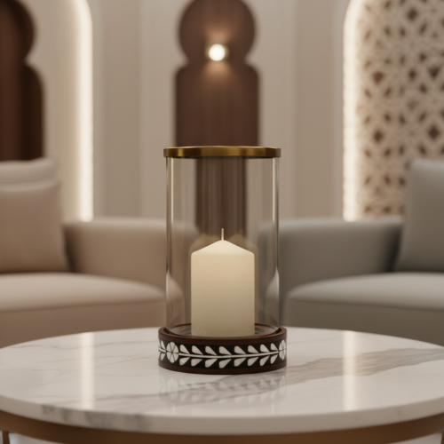شمعدان قاعدة خشب هندى مزخرف وزجاج