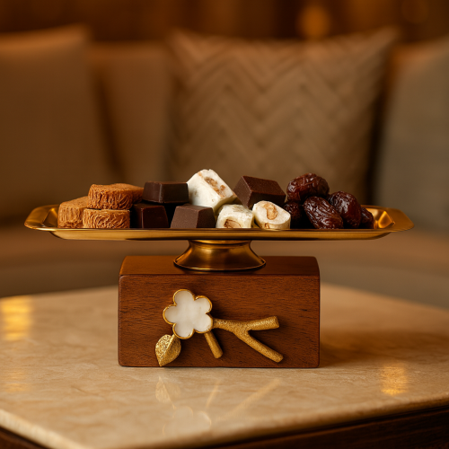 صحن تقديم معدن ذهبي بقاعدة خشبي