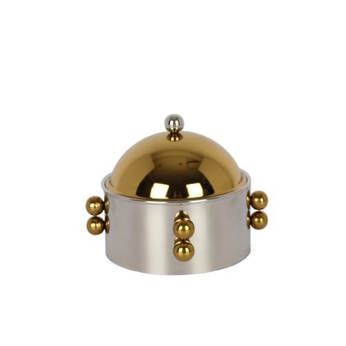 صحن تقديم استيل فضي بغطاء ذهبي