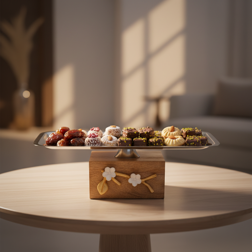 صحن تقديم معدن هندي فضي كبير بقاعدة خشبي