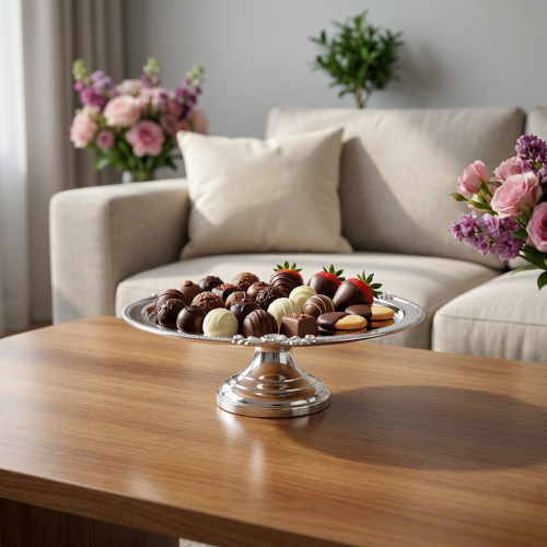 استاند تقديم شيكولاتة فضي وسط وردة