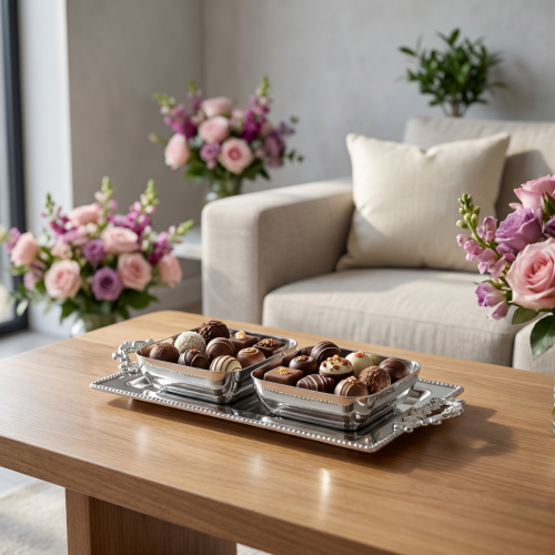 طقم تقديم 2 صحن مع صينية فضي وردة