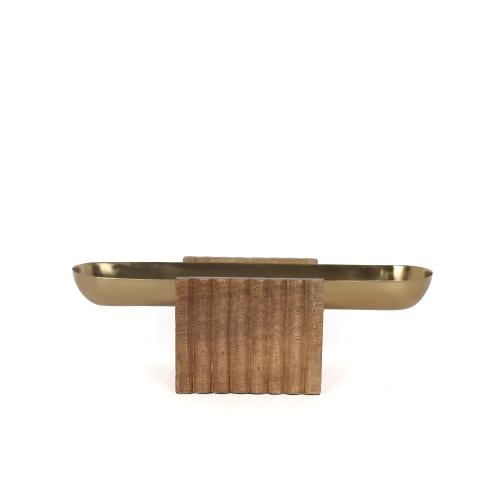 صحن تقديم معدن ذهبي بقاعدة خشبي مستطيل