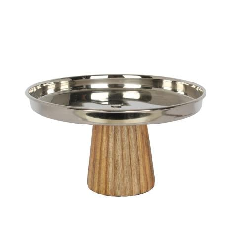 صحن تقديم معدن فضي بقاعدة خشبي
