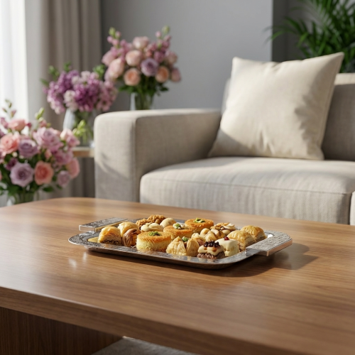 طوفرية تقديم استيل بيد فضي بنقشة صغير