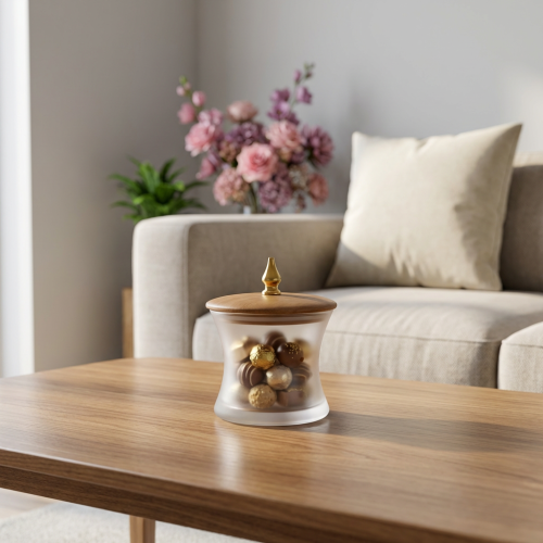 علبة زجاج مثلج مع غطاء خشب وماسكة معدن