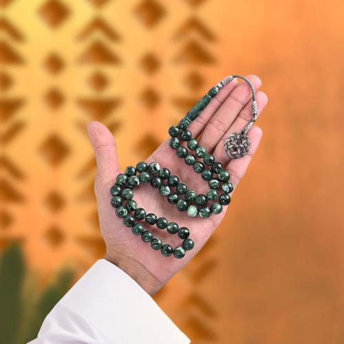 سبحة بكلايت اخضر معرق | طربزونة فضة