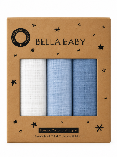 Bamboo Cotton Muslin Swaddles – Teal, Baby Blue & White | 3 Pieces