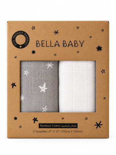 Bamboo Cotton Muslin Swaddles- Grey-White Stars/ White