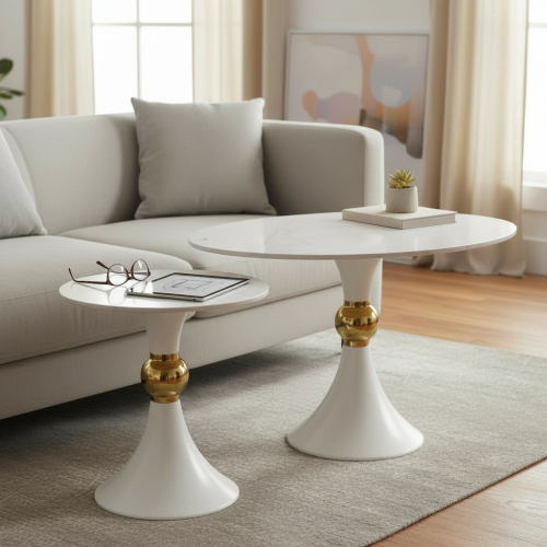 طقم حبتين طاولات معيشة رخام بقاعدة حديد أبيض