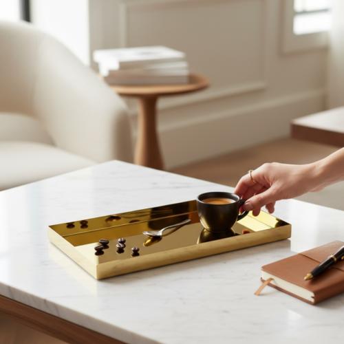 صينية ستل استيل ذهبي مستطيل