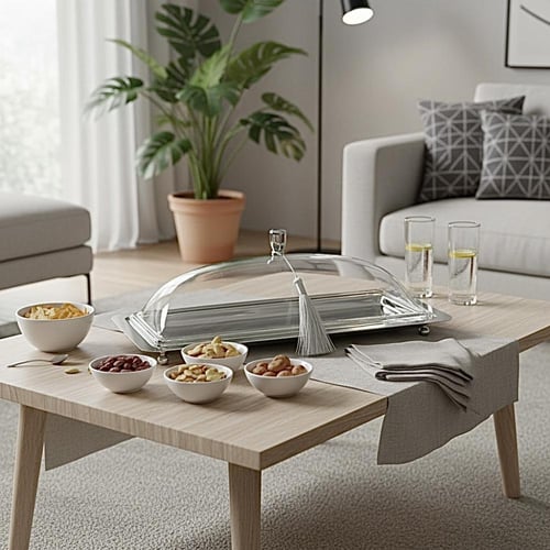 صينية تقديم فضي بغطاء شفاف 33 سم