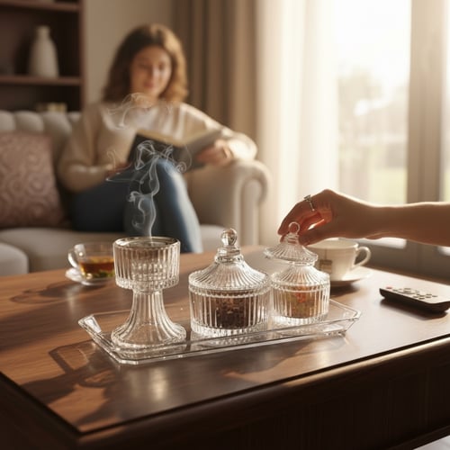 طقم ضيافة زجاج يحتوي على صينية فيها مبخرة وتمرية و...
