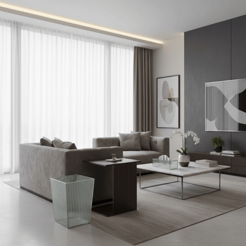 طقم سلة نفايات مع علبة مناديل زجاج فضي