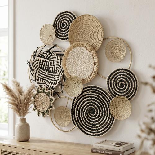 ديكور حائط جداري Boho Modern من الخوص والمعدن – مق...