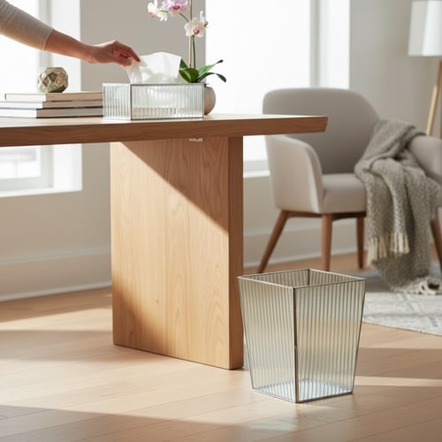 طقم سلة نفايات مع علبة مناديل زجاج فضي