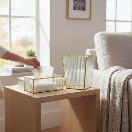 طقم سلة نفايات مع علبة مناديل زجاج ذهبي