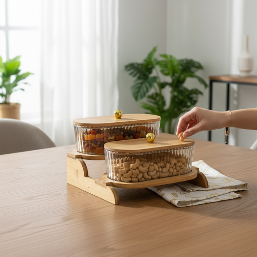 طقم تقديمة زجاج باستاند خشب