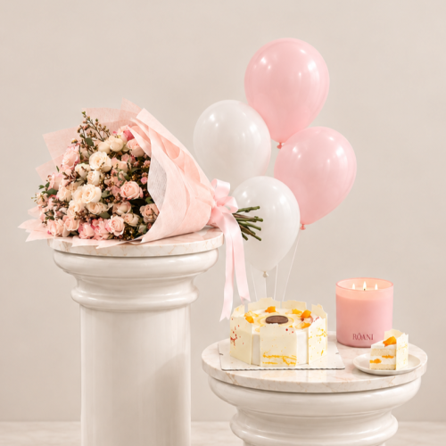 Rose spray package with mango cake, candle and balloon