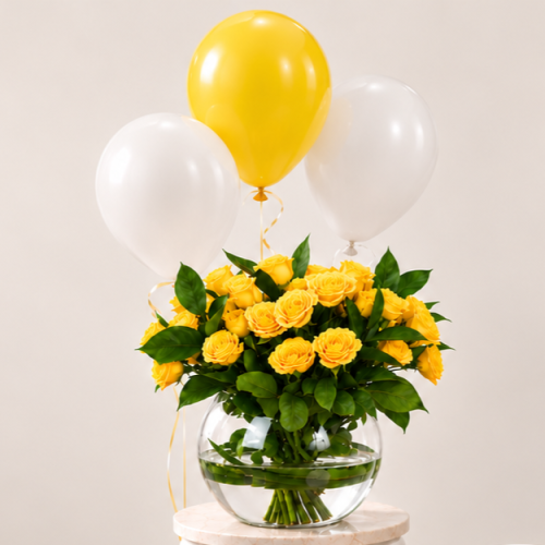 Yellow rose vase with balloon | Your safety