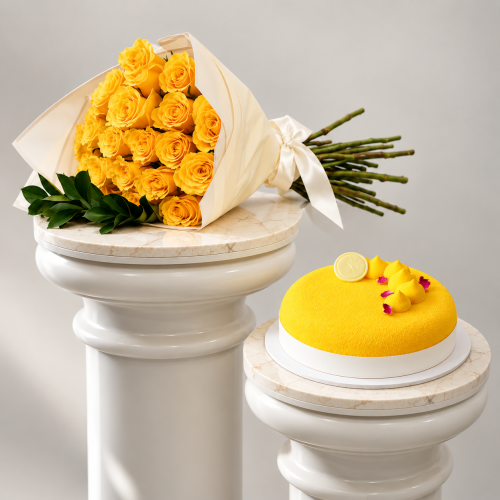 Mango cake | Bouquet of 20 yellow roses