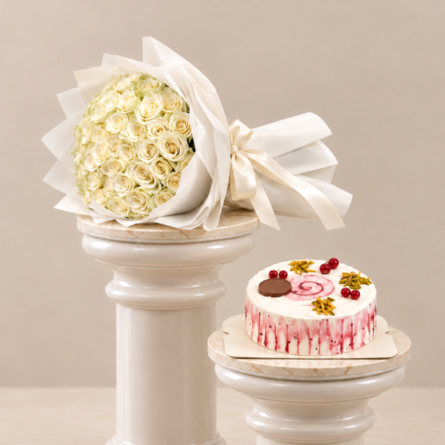 Pistachio Raspberry Cake from Tawa | Bouquet of 50 White Roses