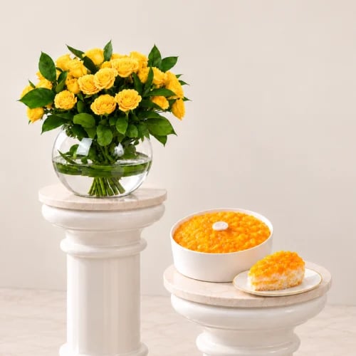 Creamy mango pudding cake | Yellow rose vase