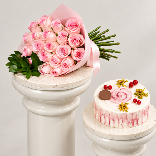 Pistachio Raspberry Cake from Tawa | Bouquet of 20 Roses