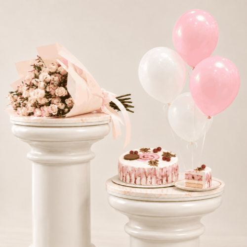 Petal and cake package with balloons
