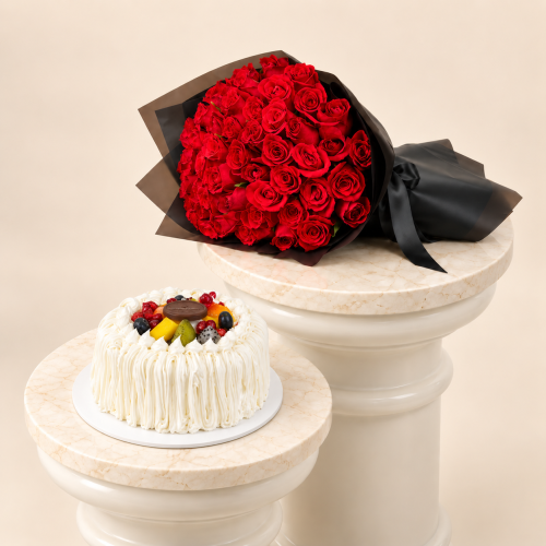 Fruit Garden Cake from Tawa | Bouquet of 50 roses