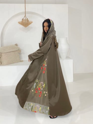 #011قماش تفتة زيتي قصة A مع تل مطرز طرحة بطرف مطرز