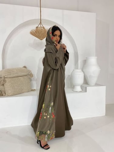 #011قماش تفتة زيتي قصة A مع تل مطرز طرحة بطرف مطرز