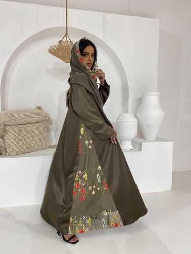 #011قماش تفتة زيتي قصة A مع تل مطرز طرحة بطرف مطرز