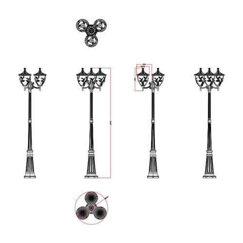 عامود ثلاثي ورود أسود وزجاج مفرغ 2.19 متر 0089M-PL