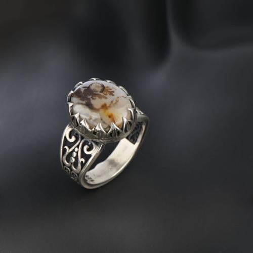 خاتم فضه بعقيق ابيض مشجر Z-07