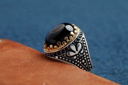 خاتم فضه بعقيق اسود H-06