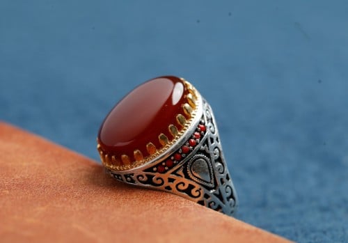 خاتم فضه بعقيق احمر H-08