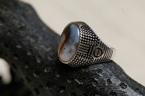 خاتم فضه بعقيق ابيض مشجر I-02